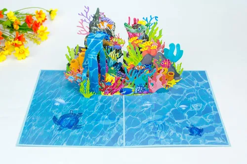 ETA Tarjeta desplegable 3D Ocean World, tarjeta de cumpleaños de arrecifes de coral para entusiastas del buceo, regalo del día del padre, H08