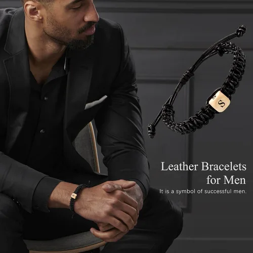 Miniatura 2 de Btysun Pulsera de cuero para hombre, pulseras con inicial A-Z para niño, papá, hermano, regalos de graduación para él, novio, marido, ajustable