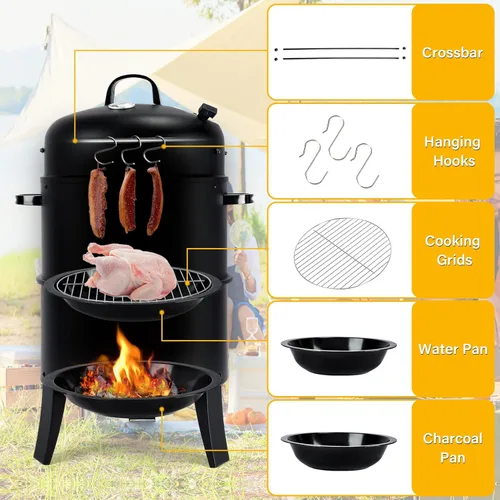 Miniatura 7 de Parrilla vertical para ahumar carbón de 32 pulgadas, parrilla de barbacoa resistente con termómetro integrado, parrilla 3 en 1 y ahumador, olla