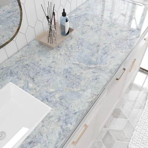 Miniatura 4 de VEELIKE Papel de contacto de mármol azul crema para encimeras, impermeable, para despegar y pegar, papel tapiz de mármol brillante para cocina, 15.7