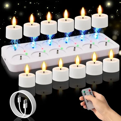 Miniatura 9 de Velas de té recargables sin llama con temporizador Romote, vela votiva pequeña de 1.5 x 2 pulgadas, funciona con pilas con base de carga USB, velas