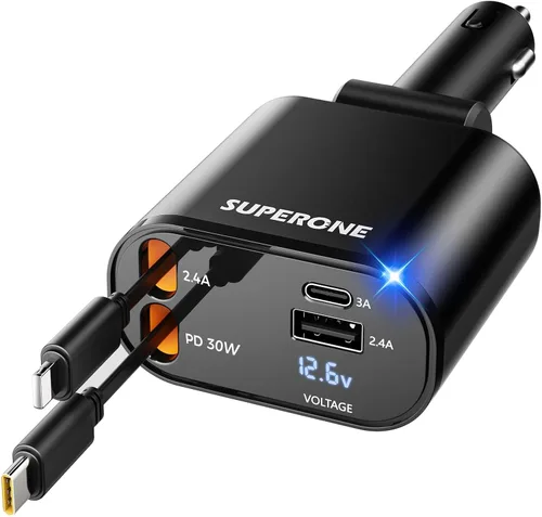 SUPERONE - Cargador retráctil para automóvil 4 en 1, cargador de teléfono rápido para automóvil con cable de 2.6 pies, USB C y adaptador de