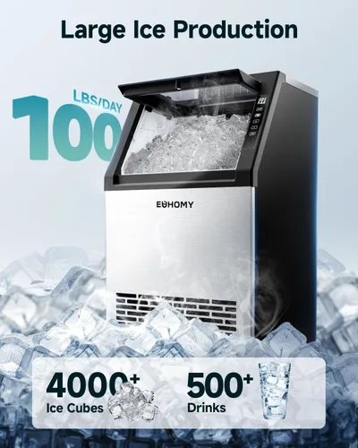Miniatura 2 de EUHOMY Máquina comercial para hacer hielo, máquina de hielo de acero inoxidable de 100 libras/24 horas debajo del mostrador con contenedor