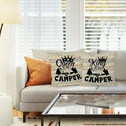 Miniatura 2 de Juego de 2 fundas de almohada con diseño de King Queen of The Camper, divertidos regalos para parejas, parejas de campamento, 18 x 18 pulgadas