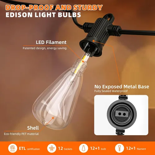 Miniatura 4 de Kawaya Guirnalda de luces para patio al aire libre: luz LED de 25 pies para patio exterior con 12 bombillas vintage inastillables - 2700 K regulable