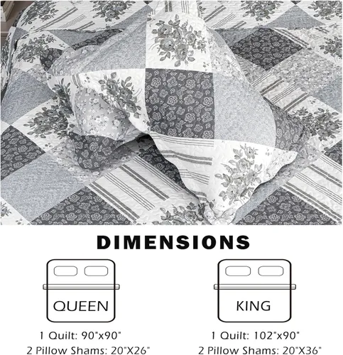 Miniatura 5 de Cmfshape Colcha floral de verano, juego de edredón romántico gris matrimonial, juego de ropa de cama reversible con costuras para todas