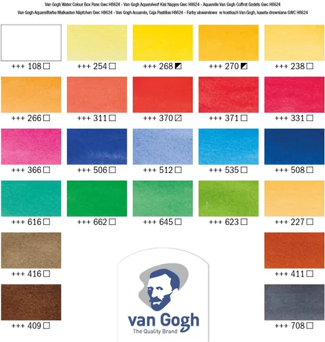 Miniatura 2 de Van Gogh Juego de pintura de acuarela, caja de madera, 24 medias pastillas + 3 accesorios 24 General (Caja de madera)