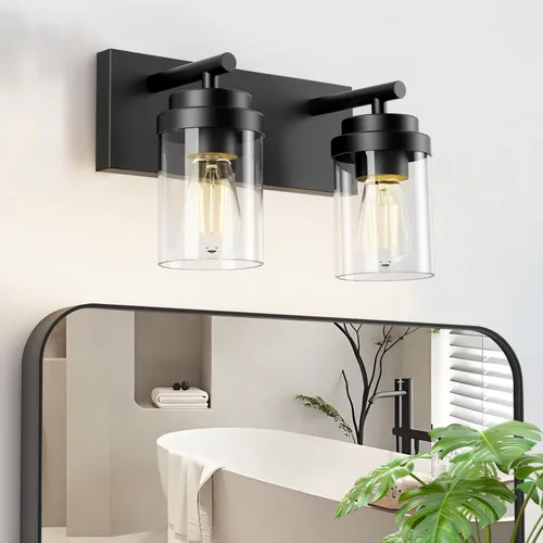 IZORRO Lámpara de tocador de baño, 2 luces de 15 pulgadas, color negro mate, con pantalla de vidrio transparente, luces modernas de tocador de