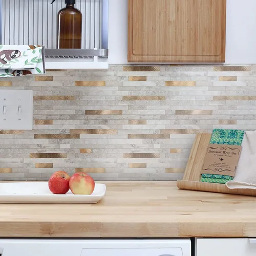 Miniatura 3 de KASARO - Azulejos de 1 hoja para pelar y pegar para salpicaduras de cocina, mármol beige con rayas doradas antiguas, azulejo autoadhesivo