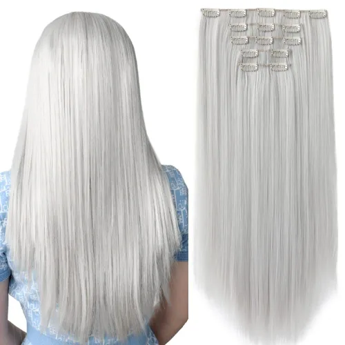 Miniatura 18 de Extensiones de cabello negro lacio, 2 juegos de extensiones de cabello con clip para mujeres, Halloween, 5 piezas de 22 pulgadas, piezas de cabello