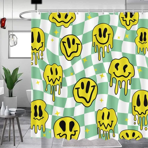 Miniatura 11 de MEHOFOND Cortina de ducha a cuadros negros y blancos, divertidas cortinas de ducha con cara sonriente para decoración de baño, cortinas de ducha