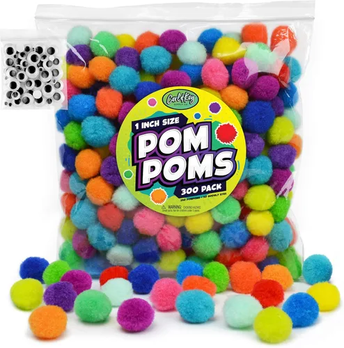 Carl & Kay [300 piezas] 250 pompones de 1 pulgada y 50 ojos saltones - Pompones para manualidades - Pompones para manualidades en colores surtidos