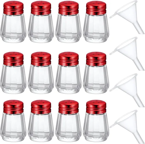 Miniatura 18 de Potchen 12 piezas saleros y pimenteros mini en forma de cubo a granel de 0.5 onzas pequeños de vidrio para especias con mini embudos de plástico