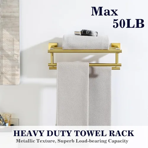 Miniatura 5 de Alise Toallero, toallero con barras dobles para toallas, soporte de torre de montaje en pared para baño y lavabo, estante de toalla de acero Dorado