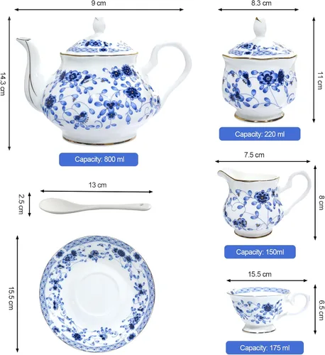 Miniatura 9 de Juego de té de porcelana de hueso, juego de té de porcelana de 21 piezas para adultos, tazas de té y platillos para 6, con tetera, cucharas, Azul