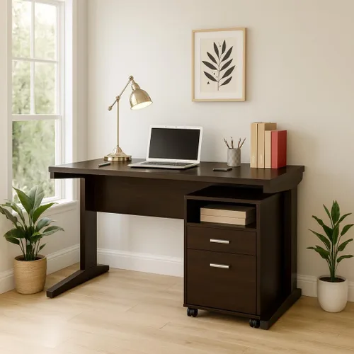 Miniatura 2 de CARTESIAN Escritorio moderno con archivador móvil, madera de capuchino, 47.25 x 23.25 x 30 pulgadas, cajones de almacenamiento, oficina en casa