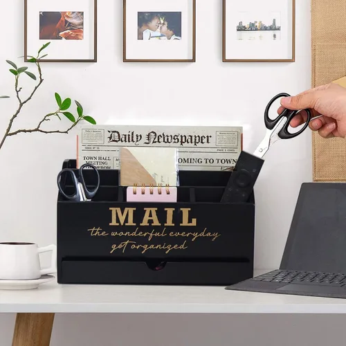 Miniatura 4 de EXQUIDECA Soporte rústico negro de madera para almacenamiento de correo de encimera con cajón y compartimentos - Accesorios de escritorio de oficina