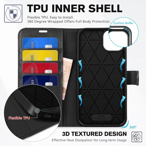 Miniatura 5 de TUCCH Funda tipo cartera para iPhone 15 Plus, [bloqueo RFID] 4 tarjeteros con función atril [funda interior de TPU a prueba de golpes] Funda Negro