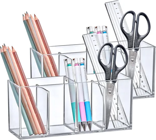 Amazing Abby - Glamour - Paquete de 2 organizadores de maquillaje acrílicos de 4 compartimentos, soporte para brochas de maquillaje de plástico