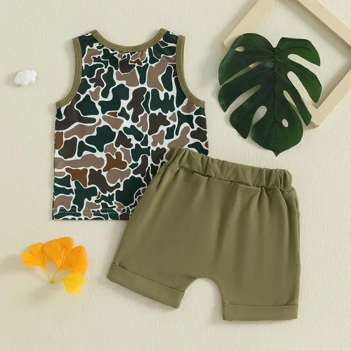 Miniatura 33 de Ropa de bebé niño sin mangas + pantalones cortos con estampado a rayas con bolsillos, 2 piezas de trajes de verano
