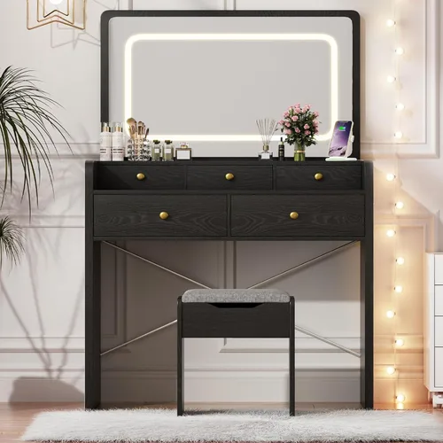 Escritorio de tocador con espejo y luces, mesa de tocador de maquillaje con 5 cajones, taburete de almacenamiento, espejo grande para dormitorio de