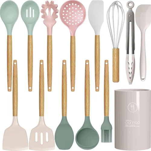 Miniatura 13 de oannao Juego de utensilios de cocina de silicona, resistente al calor, espátula, pinzas giratorias, cuchara, batidor, utensilios de cocina para Gris