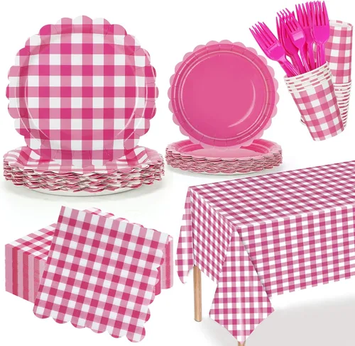 Miniatura 8 de Suministros de fiesta de cuadros verdes, incluyen platos de papel festoneado desechables de 9 y 7 pulgadas, servilletas, vasos, tenedores, manteles