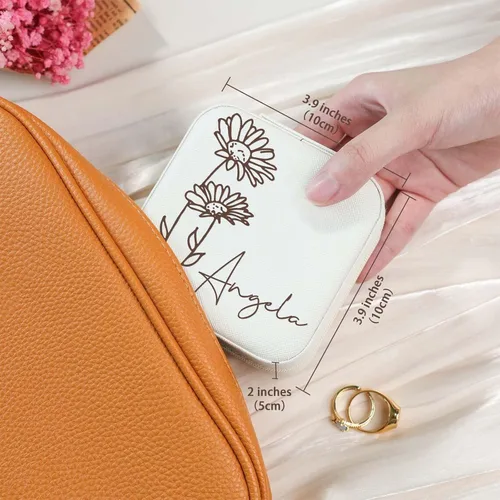 Miniatura 5 de Corissy Joyero personalizado para mujer, joyero de viaje personalizado con nombre y flor de nacimiento, joyero de cuero para anillos, aretes
