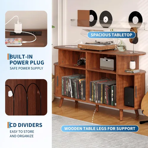 Miniatura 6 de GarveeHome Soporte redondo grande para tocadiscos de 55 pulgadas con estación de carga y puertos USB, soporte para tocadiscos de vinilo rústico
