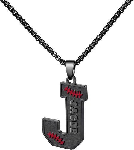 Miniatura 90 de Ldurian Collar personalizado con nombre de béisbol, cadena negra de acero inoxidable, collar con nombre deportivo, letra A-Z de 24 pulgadas, regalos