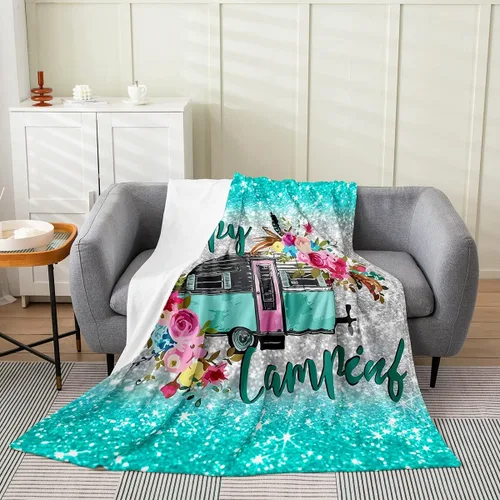 Miniatura 15 de jejeloiu Manta de cama de campamento para todas las estaciones, manta de franela de vellón con temática de campamento feliz, manta peluda de madera