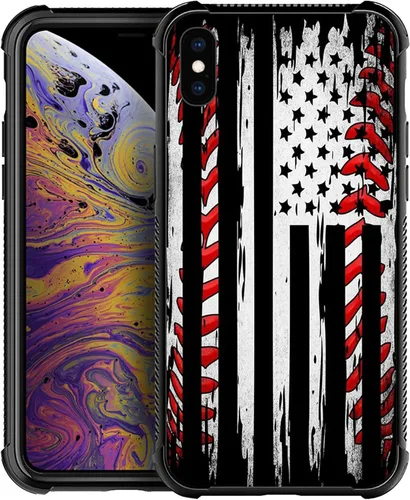 Funda compatible con iPhone X/XS, diseño de bandera estadounidense de béisbol, TPU suave, a prueba de golpes, de vidrio templado, para iPhone X/XS