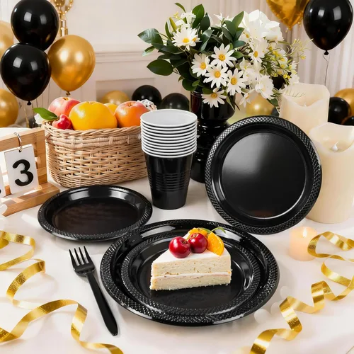 Miniatura 2 de MirthMood - 350 platos desechables negros, platos negros, suministros de plástico para fiestas, incluye 50 platos llanos, 50 platos de ensalada, 50