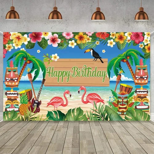 KYMY Cartel grande hawaiano de Luau con texto en inglés "Happy Birthday", cartel de cumpleaños floral de verano con flamenco tropical de 70.8 x 43.3