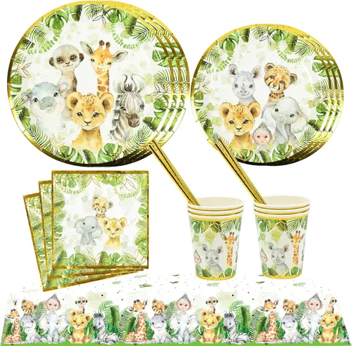 121 piezas de decoración temática de safari en la selva para baby shower, suministros de fiesta de cumpleaños para niños y niñas, mantel, platos de