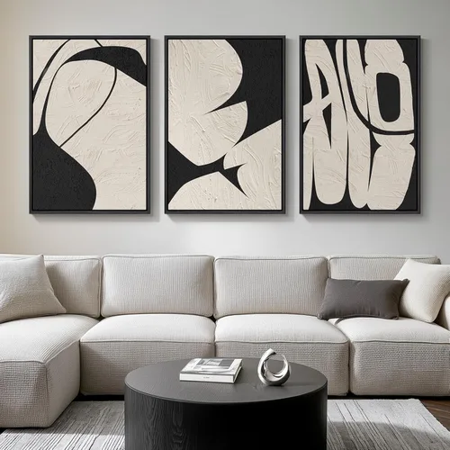 Miniatura 28 de Arte de pared abstracto neutro con marco grande para sala de estar, 3 piezas, impresiones modernas en lienzo para paredes, cuadros negros y beige