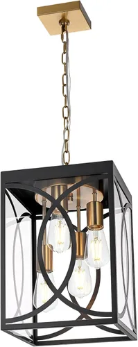 Miniatura 9 de Lámpara colgante para exteriores, 3 luces negras grandes con vidrio transparente, lámpara de metal para exteriores, iluminación de porche para Negro
