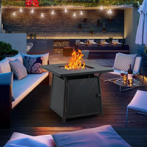 Miniatura 8 de PHI VILLA Mesa para fogata de gas de 28 pulgadas, 50000 BTU cuadrada para exteriores con tapa y vidrio azul para patio, patio trasero y jardín