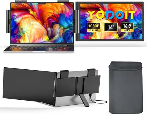 Yodoit Laptop Screen Extender, 14" FHD 1920×1080 Travel Monitor with USB Type C Port and Built-in Speakers Compatible with MacBook