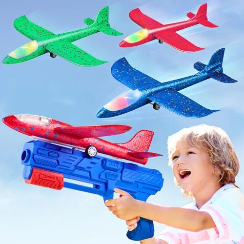 Neoot Avión de juguete, paquete de 3 juguetes de lanzador de aviones, 2 modos de vuelo, avión planeador, juguetes al aire libre para niños de 3, 4,
