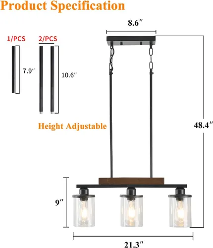 Miniatura 6 de Lámpara de comedor,Lámpara de cocina de 3 luces para iluminación de granja, iluminación colgante industrial de madera de metal negro mate,Luces