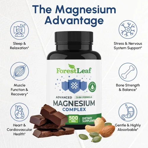 Miniatura 5 de ForestLeaf Complejo de magnesio 500mg - 500mg cápsulas - suplemento 500 mg - para el sueño, estreñimiento - suplemento para mujeres (120 unidades)