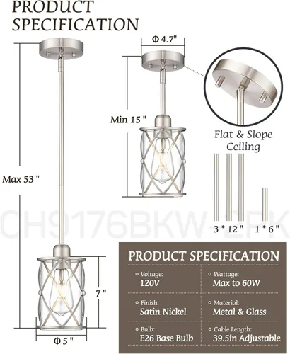 Miniatura 3 de Luces Colgantes de Níquel Cepillado para Isla de Cocina Paquete de 3, Iluminación Colgante de Vidrio para Cocina sobre Isla con Varilla, Moderna