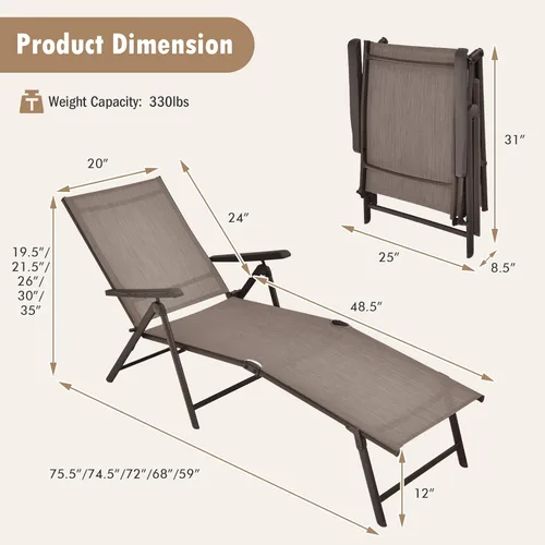 Miniatura 3 de Tangkula Sillón plegable para exteriores, tumbona reclinable con respaldo ajustable de 5 posiciones y reposapiés de 2 posiciones, no requiere Marrón