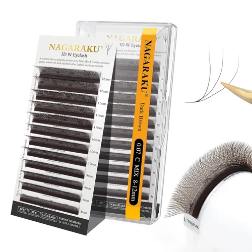 Miniatura 54 de NAGARAKU Extensiones de pestañas Double Tips 4D W, suministros con puntas dobles, gruesas con rizado D de 0.07 mm, bandeja mixta 8-15 mm, 0.07-D