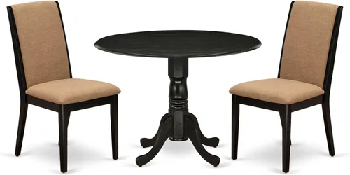 East West Furniture DLLA3-ABK-47 - Juego de mesa de comedor de 3 piezas que contiene una mesa de cocina redonda con gotas y 2 sillas de comedor