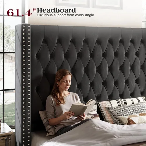 Miniatura 4 de PaPaJet Base de cama Queen con cabecera de ala de 61.4 pulgadas de alto, plataforma tapizada de terciopelo con acolchado de botones profundos,