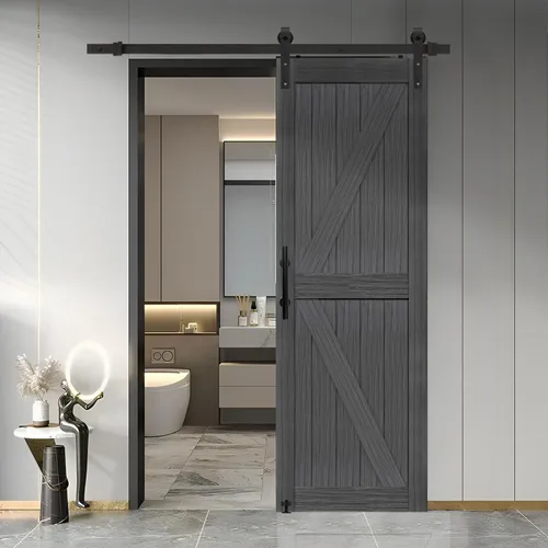 Miniatura 23 de S&Z TOPHAND® Puerta de granero doble de MDF de 18 x 84 pulgadas con kit de herrajes para puerta corredera de 6 pies, tablero sólido de puerta