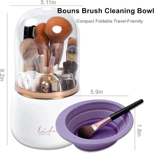 Miniatura 4 de Soporte giratorio para brochas de maquillaje con tapa, organizador de maquillaje transparente a prueba de polvo para encimera de tocador, incluye un