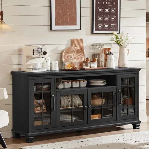 Miniatura 3 de SAVOR LIFE - Aparador grande negro con gabinete de buffet y almacenamiento, credenza vintage de casa de campo de 60" de ancho con puertas de vidrio